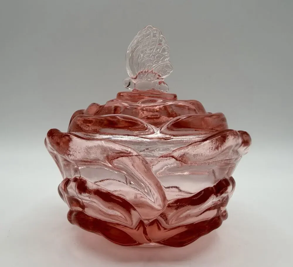 Fenton Pink Glass Butterfly Rose Bowl Lidded Covered Candy Dish 5.5” Vintage